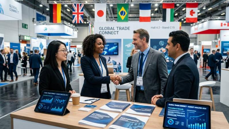 Professionnels échangeant sur un stand de salon international avec des supports de communication multilingues traduits.