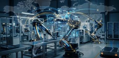 Illustration d'une usine intelligente connectée symbolisant le lien entre documentation technique et croissance globale.